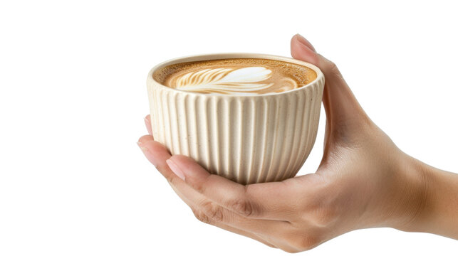 Woman hand holding cup of latte coffee with latte art on transparent background