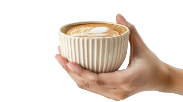 Woman hand holding cup of latte coffee with latte art on transparent background