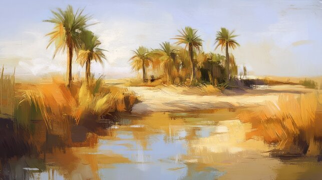 A scenic oil painting of a desert oasis with palm trees - Powered by Adobe