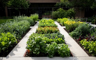A vibrant garden with various plants in neat rows, separated by light-colored concrete paths.  Sunlight illuminates the lush greenery