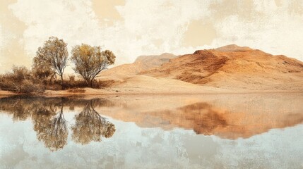 A tranquil landscape featuring trees water and distant mountains