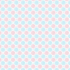 Blue and pink geometric floral seamless pattern, modern repeating background great for textiles, baby products, wallpaper, and stationery.