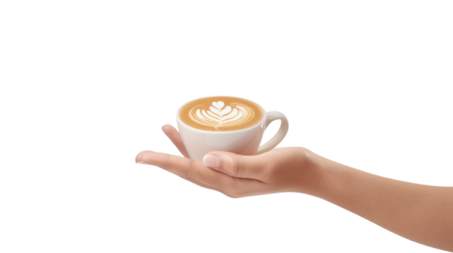 Barista showing a cappuccino cup with latte art on transparent background