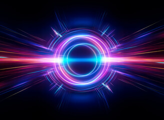 Obraz premium Vibrant circular light with radiating beams of pink and blue on a black backdrop creates an abstract, futuristic, and energetic design.