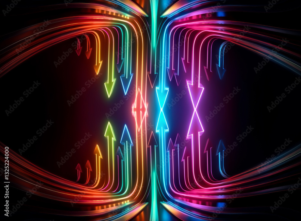 Poster vibrant neon arrows flow symmetrically, creating a dynamic and abstract design against a dark backdr