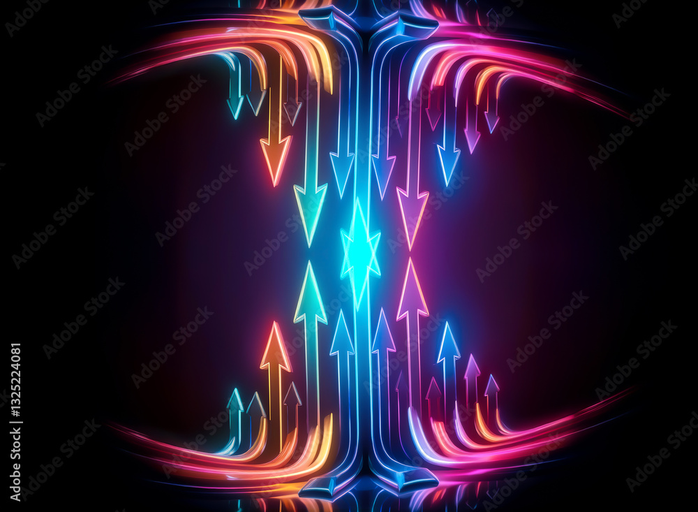 Poster abstract symmetrical design featuring vibrant neon arrows pointing inwards, creating a futuristic an