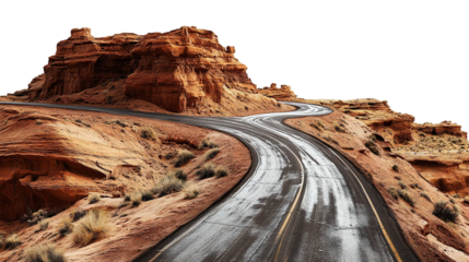 Desert highway through canyon, cut out. Isolated on a transparent background.