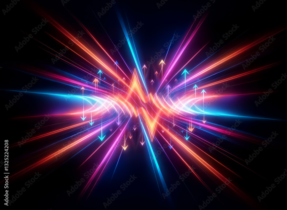 Poster vibrant light rays burst outwards in orange, blue, and pink from a central point on a dark backgroun