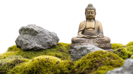 Golden buddha statue on mossy rocks, cut out. Isolated on a transparent background.