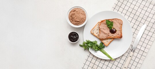 Toasts, bowl of tasty pate, parsley and sauce on white background with space for text, top view
