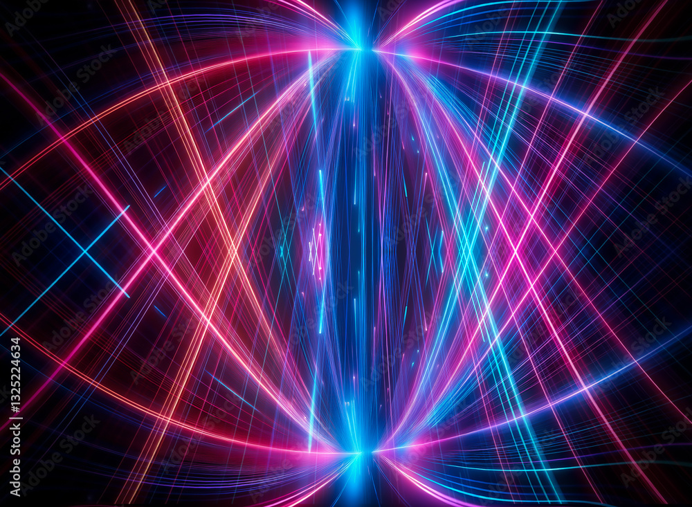 Aufkleber abstract glowing neon pink and blue lines intersect and curve, creating a tunnel effect on a black b