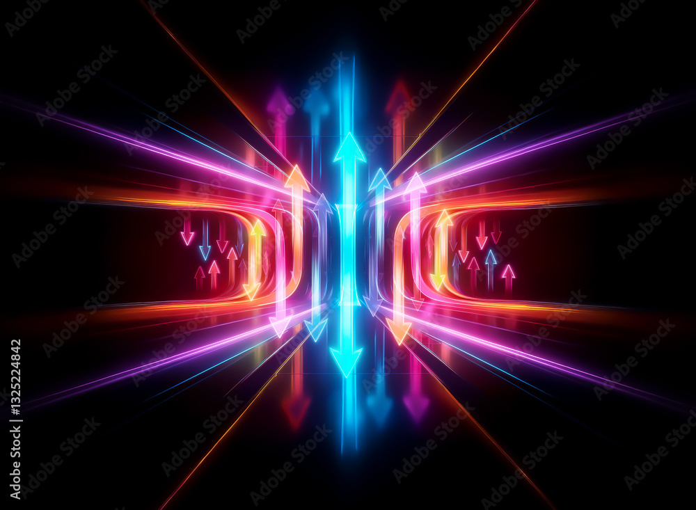 Wall mural symmetrical abstract design featuring glowing arrows in blue, red, and purple on a black backdrop. a