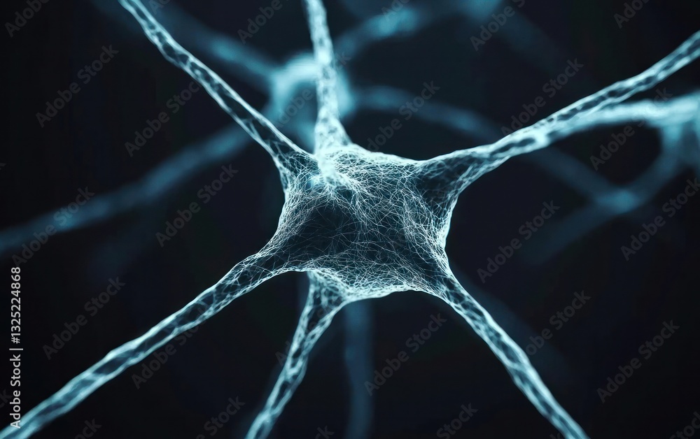 Poster microscopic view of a neuron, teal blue glowing structure with intricate network of connections agai