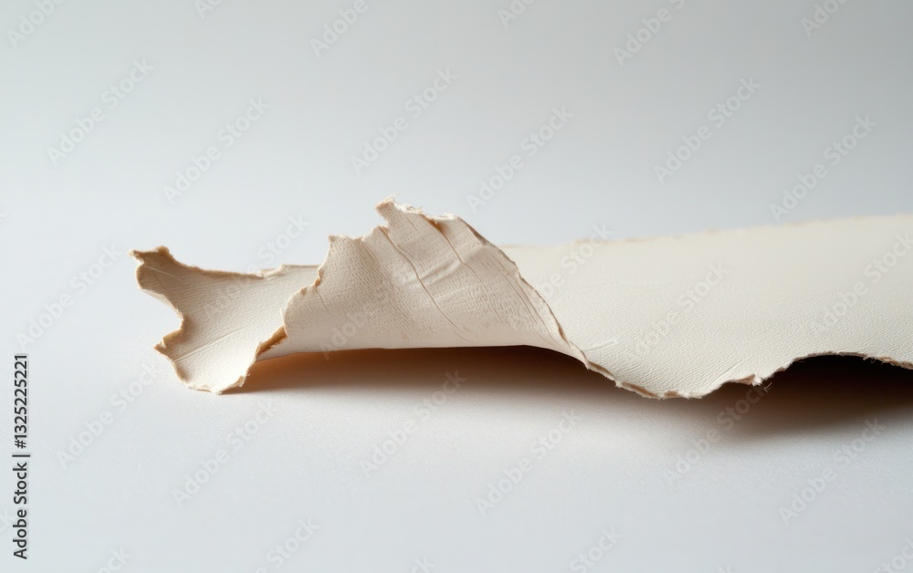 Poster close-up of a torn piece of off-white textured material, showing irregular edges and subtle surface 