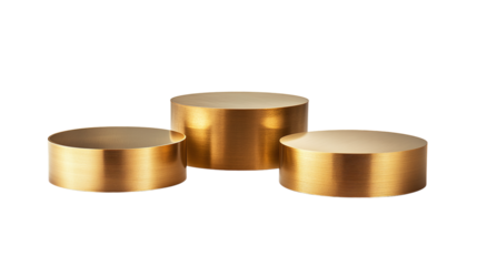 Set of shiny gold round pedestal displays, cut out. Isolated on a transparent background.
