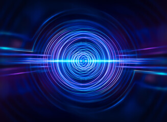 Abstract blue and purple concentric circles radiate from a central point, crossed by horizontal light streaks in a dark background.  A futuristic and energetic design.