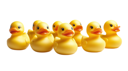 Set of yellow rubber ducks cut out. Isolated on a transparent background.