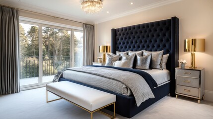 Fototapeta premium A luxurious bedroom with a large king-size bed featuring a deep navy blue headboard and plush bedding in shades of silver and charcoal
