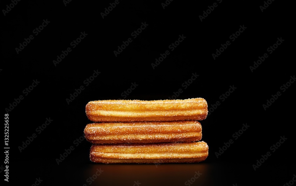 Poster three golden-brown churros dusted with sugar are stacked on a black background. the churros are cris