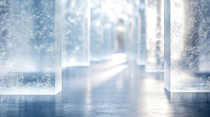 A futuristic backdrop featuring frosted glass structures, their surfaces shimmering like ice crystals in the soft light, hinting at the power and potential of technology.