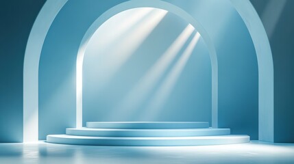 A sleek, light blue podium, the perfect backdrop to showcase cosmetic products in a dynamic 3D stage setting. Geometric shapes and subtle lighting create a sense of depth and sophistication.