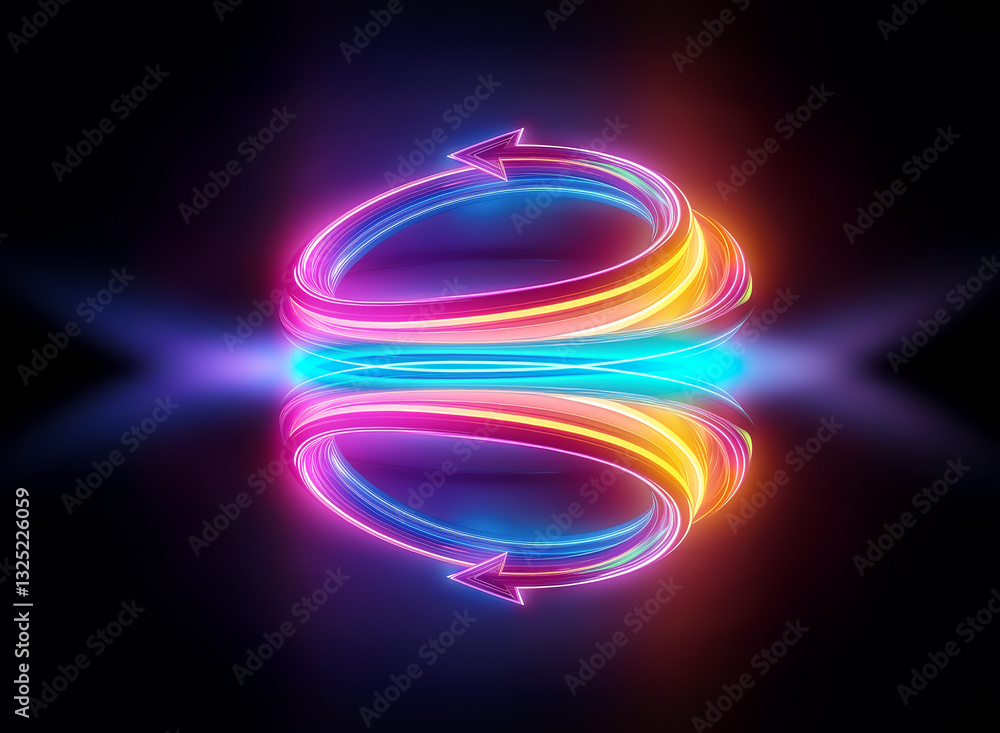 Aufkleber glowing circular arrows in neon colors reflect on a dark surface, creating a vibrant abstract illumi