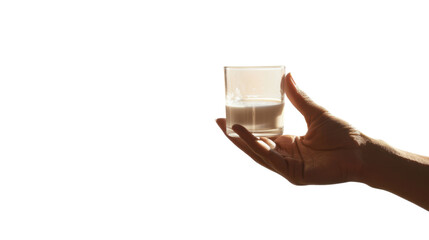 Woman hand holding glass of milk with transparent background