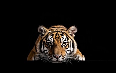 Obraz premium Close-up of a tiger peering over a dark surface against a black background. The tiger's orange and black stripes are prominent, and its intense gaze is captivating. 