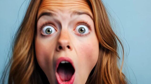 Surprised woman reacts excitedly with wide eyes and open mouth