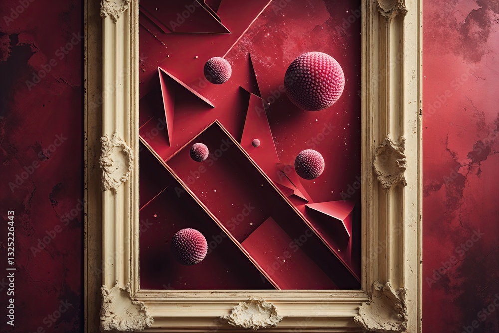 Poster enchanting crimson backdrop with faint spheroids and angular designs in a stylish cream aged frame