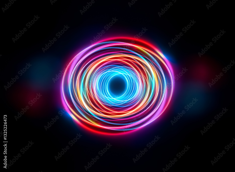 Poster a vibrant, glowing circular abstract design radiates against a dark background. layers of neon color