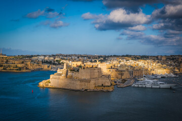 The mighty Fort St Angelo dominates Grand Harbour of Valetta, Malta. June 2023