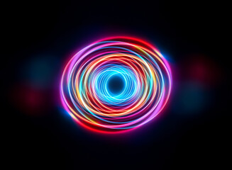 A vibrant, glowing circular abstract design radiates against a dark background.  Layers of neon colors create a mesmerizing and dynamic effect, suggesting energy and motion.