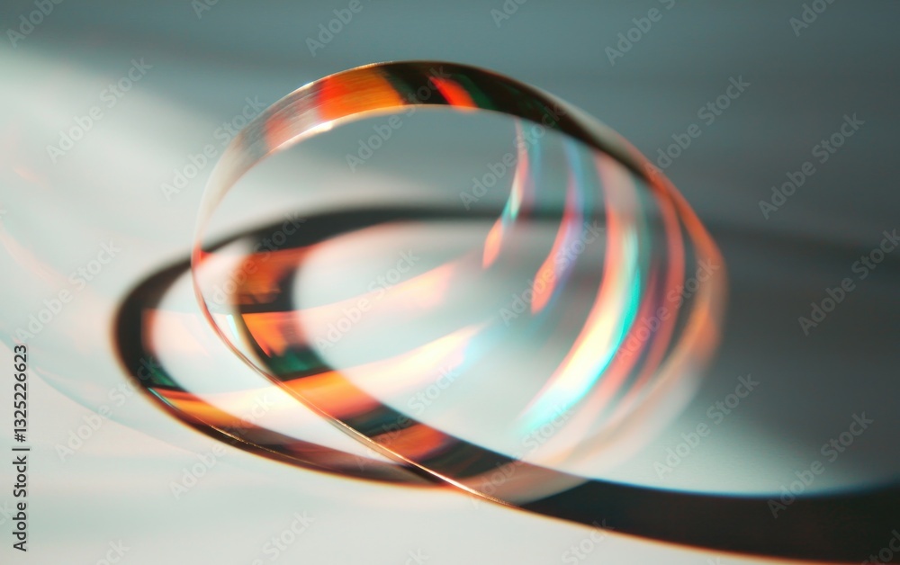 Poster abstract image of a translucent ring-shaped object casting colorful reflections and shadows on a lig