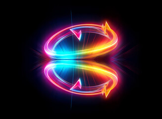 Vibrant glowing arrows in a circular motion reflect against a dark backdrop. Neon lights illuminate the path in a continuous loop of blue, yellow, and red.