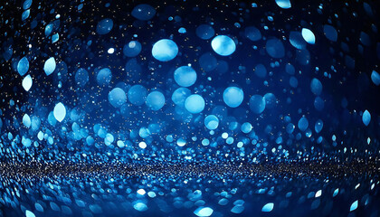 Fototapeta premium Blue bokeh, blurred lights, blurry background, blue confetti on black background, night light.Blue sparkles, glitter, dust, shiny light particles, dark abstract background.