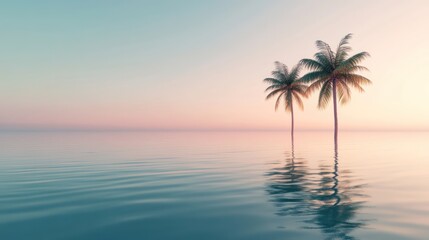Two palm trees reflected in calm ocean water at sunset