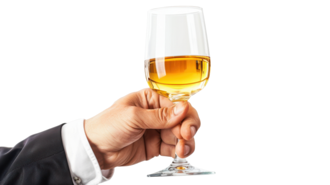 Businessman holding glass of white wine on transparent background