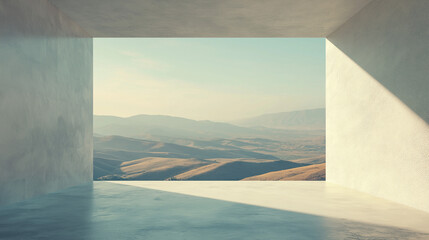 Fototapeta premium A white room with opening overlooking hills