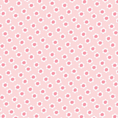 Pink ditsy floral seamless pattern with white petal blossoms, playful pastel design ideal for baby textiles, wrapping, stationery, and feminine projects.