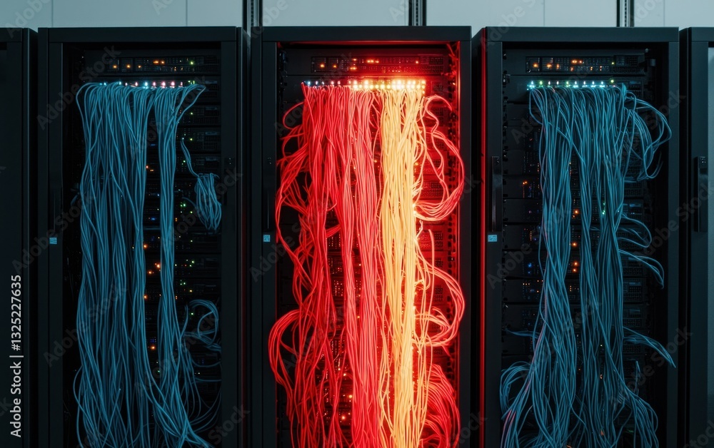 Poster intricate network cables in vibrant red and blue illuminate a server room. the cables cascade from t