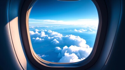 Airplane window. Mountain and clouds view 