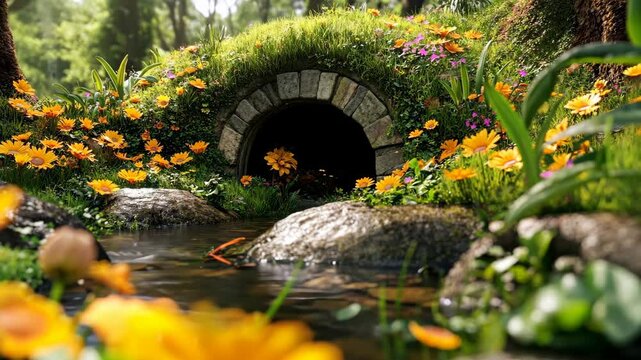 Colorful flowers bloom around a charming stone drain in a vibrant forest setting during late spring