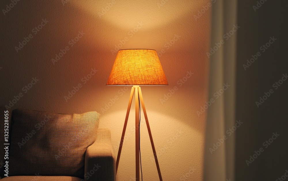 Poster warm-toned lamp illuminates a corner of a room, casting a soft glow on a textured wall and partially