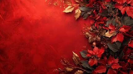A rich red backdrop, reminiscent of a marbled stone or rock texture, adorned a banner with elegant holiday hues and intricate designs, evoking a sense of warmth and festivity.