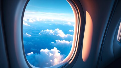 Fototapeta premium Airplane window. Mountain and clouds view 