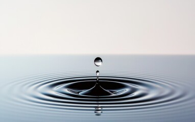 Close-up shot of a water droplet falling onto a calm water surface, creating concentric ripples. The background is a soft, light gray.  The image has a serene and peaceful atmosphere