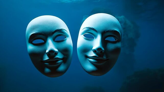 Conceptual masks symbolizing emotions, expressing duality and complex human feelings