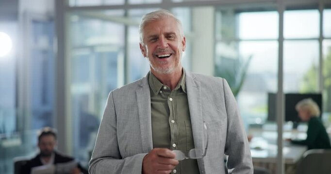Mature ceo, face and businessman with glasses in office with chief investment officer at hedge fund. Portrait, financial manager and happy executive, company director and professional with experience