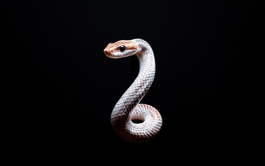 Fototapeta premium Close-up of a white and brown snake coiled on a black background. The snake is in sharp focus, and the background is blurred. The image is well-lit, and the snake's scales are clearly visible